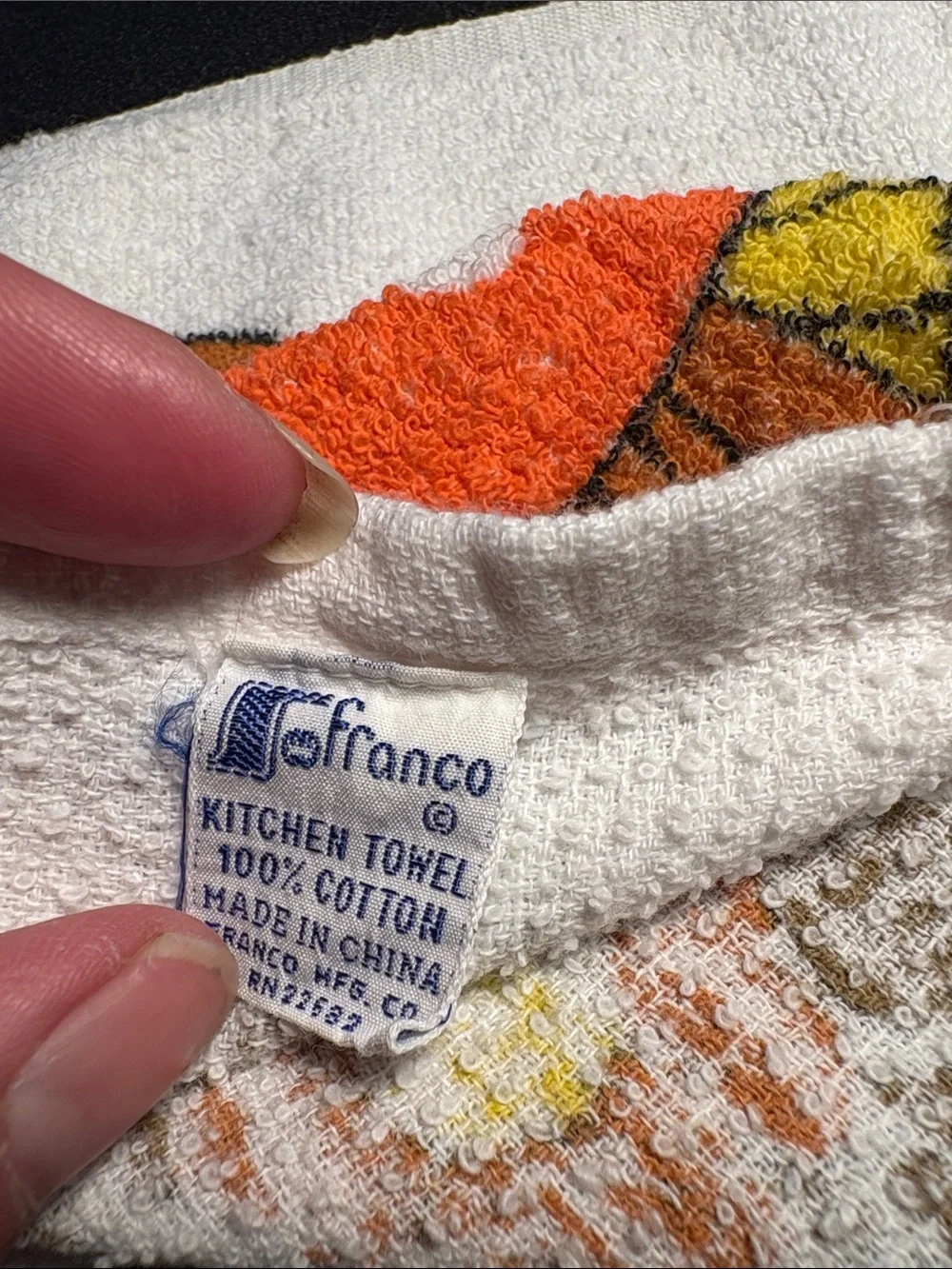 Vintage Mushroom & Floral Terry Towel in Orange, Yellow & Brown. RR